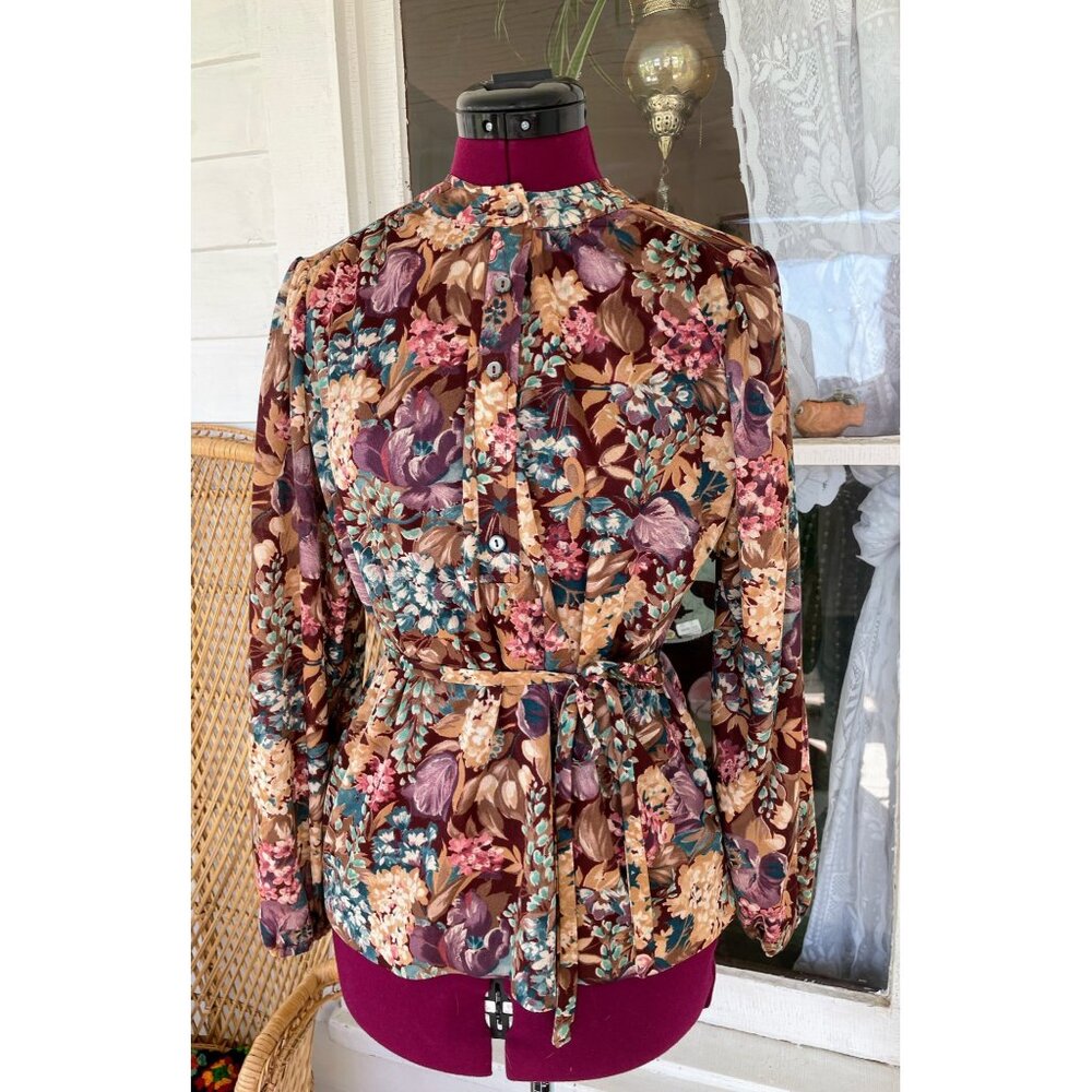 Vintage 1970s Floral Womens Belted Blouse Disco Size M